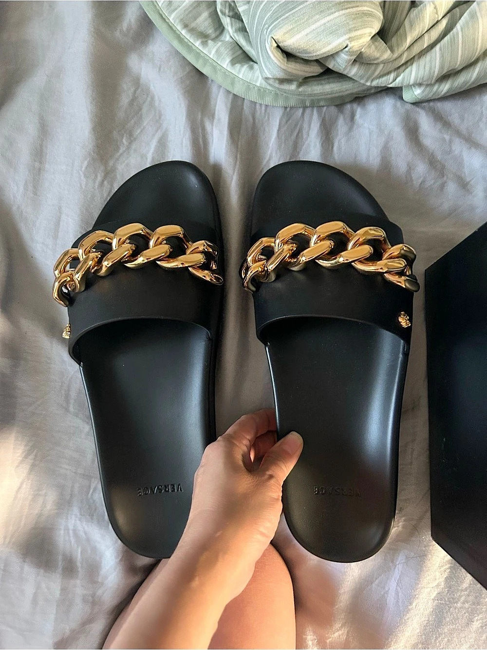 Versace Pool Slides Gold Chain Black US 3